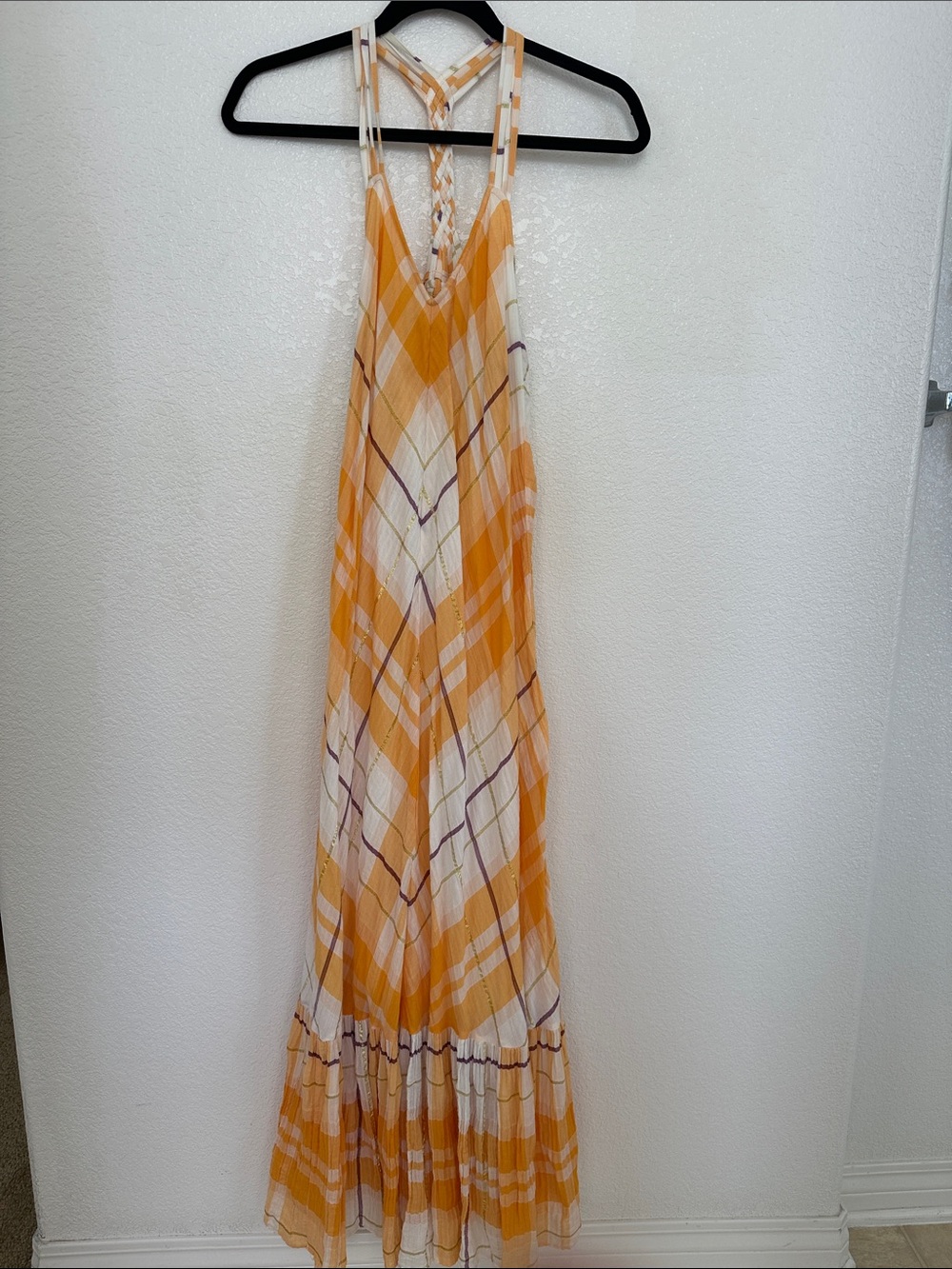 Holding Horses Yellow Plaid Maxi Dress with Braided Straps sz XS